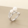 Macro shot of silver textured ring featuring two luminous shell pearls on polished metal - US 6 / Steel Color Double Pearl Open Style (KR111067-K)