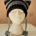 Handmade crochet cat ear hat in black and grey stripes with long braided tassels - Adult 56-59cm / Black and Grey