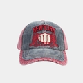 Close-up of vintage washed cotton baseball cap with embroidered fist and wing design - Adjustable / Navy Blue