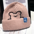 Pink rib-knit winter beanie featuring bear embroidery and blue label for women - One Size / Lotus Root Pink (With Bear Embroidery)