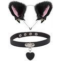Serre-tête oreilles de chat et collier avec pendentif cœur pour costumes Cosplay - Ensemble Choker Pendentif Coeur / Noir/Intérieur Rose