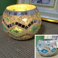 Handcrafted mosaic glass candle holder in green and gold finish for warm home decor - Ice Blue Rhombus
