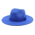 Detailed close-up of Royal Blue straw Panama hat with fine weave and matching satin band - M (56-58cm) / Blue