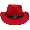 Red felt cowboy hat featuring ethnic geometric band and silver bull head metal accessory - Adult (57-60cm) / Red (Bull Head + Colorful Band)