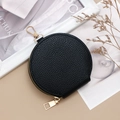 Mini round black coin purse in lychee pattern leather with golden zipper and keychain - Black