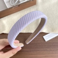 Pink and blue gingham fabric sponge headband held by hand for a high skull top style - Pink Purple Plaid