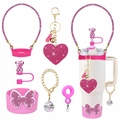 Pink rhinestone tumbler accessories kit with glitter heart charm and bow sleeve - Pink Heart Rhinestone 6pcs Set