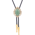 Golden crown bolo tie featuring a green turquoise oval stone on a black braided leather cord - 17 (Gold with Dark Green Stone)