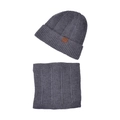 Dark grey knitted beanie and neck warmer set with thick fleece lining and leather tag - 2-Piece Set (Hat + Scarf) / Dark Gray