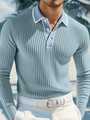 Men's light blue striped knit long sleeve polo shirt with classic contrast collar - Blue