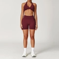 Burgunderrotes Sportset für Damen mit Neckholder-Sport-BH und High-Waist-Fitness-Shorts - S / BH + Shorts / Kirschrot