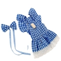 Blau kariertes Haustierkleid mit weißer Blumenspitze und passender Schleifenleine - XS / Blau