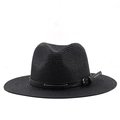 Chapeau fedora en paille noire avec ceinture en cuir et boucle métallique argentée - Noir