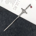 Silver sword hairpin with a red teardrop pendant on a stylish black and white background - Ancient Sword Hairpin / Irregular Water Drop (Gun Black)