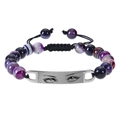 Detailed macro view of purple agate beads and stainless steel eye engraving on the bracelet - Purple Striped Agate Bracelet - Silver Metal Plate