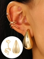 Elegant gold-tone earring set featuring a teardrop stud and snake-shaped ear cuff - Water Drop & Snake Earring Set (M-119)