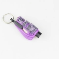 Close-up of purple rhinestone car glass breaker with built-in seatbelt cutter and keychain - Purple Leopard