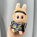 Labubu plush doll wearing Lucky rabbit hat, striped t-shirt and denim shorts - Beach Happy Striped Set / First And Second Generation Keychains Are Compatible With La Cloth Dolls. Dolls Not Included.
