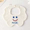 Soft cotton gauze baby bib in off-white with blue smiling face and NICE text - Gauze Flower Scarf - Happy Smile