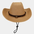 Western straw cowboy hat with moldable wide brim, leather band and adjustable wind strap - One Size / Khaki