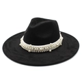 Cappello fedora nero a tesa larga con elegante fascia di perle per occasioni formali - M(56-59CM) / Nero (Camoscio)