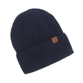 Detalle del gorro de punto azul marino con textura acanalada y etiqueta de cuero marrón - Talla única / Azul marino