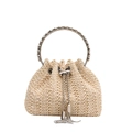 Beigefarbene Stroh-Beuteltasche mit Strass-Rundgriff und Quasten-Metallkette - Gebrochenes Weiß