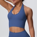 Détail d'un ensemble de yoga côtelé sans couture bleu foncé avec brassière dos nu - S / Hauts / Gris Bleu