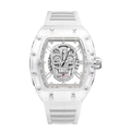 Fashionable tonneau watch with transparent case, skull dial, and white silicone strap - White Dial Skeleton Skull White Strap