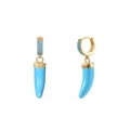Close-up of golden S925 earrings with blue gemstone inlays and horn-shaped pendants - 24K / Sky Blue Horn Style (JQH0067-GG-1)