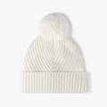White ribbed knit beanie with a matching large faux fur pom-pom and folded cuff - White (24B019)