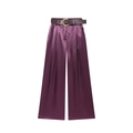 Paarse satijnen wijde broek voor dames met hoge taille en een stijlvolle bruine riem met goud - XS / Paarse Broek Met Riem