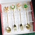 Golden 4-piece Christmas cutlery set with Santa and reindeer motifs in a red gift box - Gold 2 Spoons 2 Forks / Gold