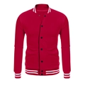 Detail of red varsity jacket featuring white striped ribbed cuffs and black snap buttons - S / Tops / Red