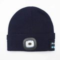 Navy blue knit beanie with integrated LED headlamp and wireless Bluetooth speakers - 4-LED Bluetooth Style / Dark Blue