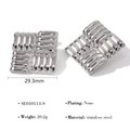 Macro view of geometric quilted stainless steel stud earrings with size and weight specs - Silver Square Wave