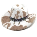 Western plush cow print cowboy hat with ethnic braided band and metal heart charms - M (56-58cm) / Straight Crown Khaki