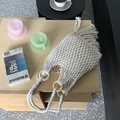 White macrame woven shoulder bag with fringe tassels and wooden ring handles for summer - Beige (with Inner Bag)