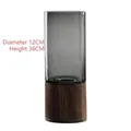 Smoky grey glass cylinder vase with dark wood base, 36cm height for modern home decor - Grey Large