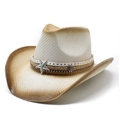 Vintage straw cowboy hat with turquoise star badge and gradient brim for sun protection - M (56-58cm) / Creamy White & Coffee