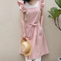 Tablier en coton et lin rose imperméable avec bretelles à volants et poches latérales - Rose