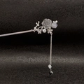 Detail of silver vintage hair stick with translucent rose, pearls, and long tassel - Style 1 Water-ink Flower