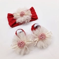 Close-up of red baby headband and socks set with large lace flowers and ribbons - Red