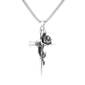 Vintage silver rose cross necklace with metal chain for men and women on white background - Rose Cross + Stainless Steel Chain