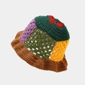 Détails du chapeau bob en crochet fait main avec motif floral multicolore en maille ajourée - M (56-58cm) / Vert + Bord Marron