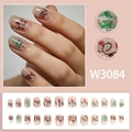 Uñas postizas de árbol de Navidad con luces rojas y purpurina en diseño W3084 - Estilo de Árbol de Navidad y Luces de Navidad (W3084) / 24 Piezas (Con Pegamento)