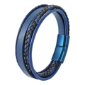 Blue polished and black braided leather double layer bracelet with magnetic metal clasp - 19cm / Blue (Blue Buckle)