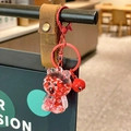 Cute red liquid bear backpack keychain with heart glitter and premium leather strap - Red Sitting Letter Bear