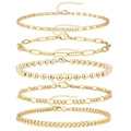 Five-piece gold layered anklet set featuring cuban, paperclip, and beaded chain designs - Golden Flat, Paperclip, Bead and Cuban Set