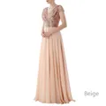 Elegant beige evening gown with V-neck sequined bodice and flowing chiffon maxi skirt - S / Beige
